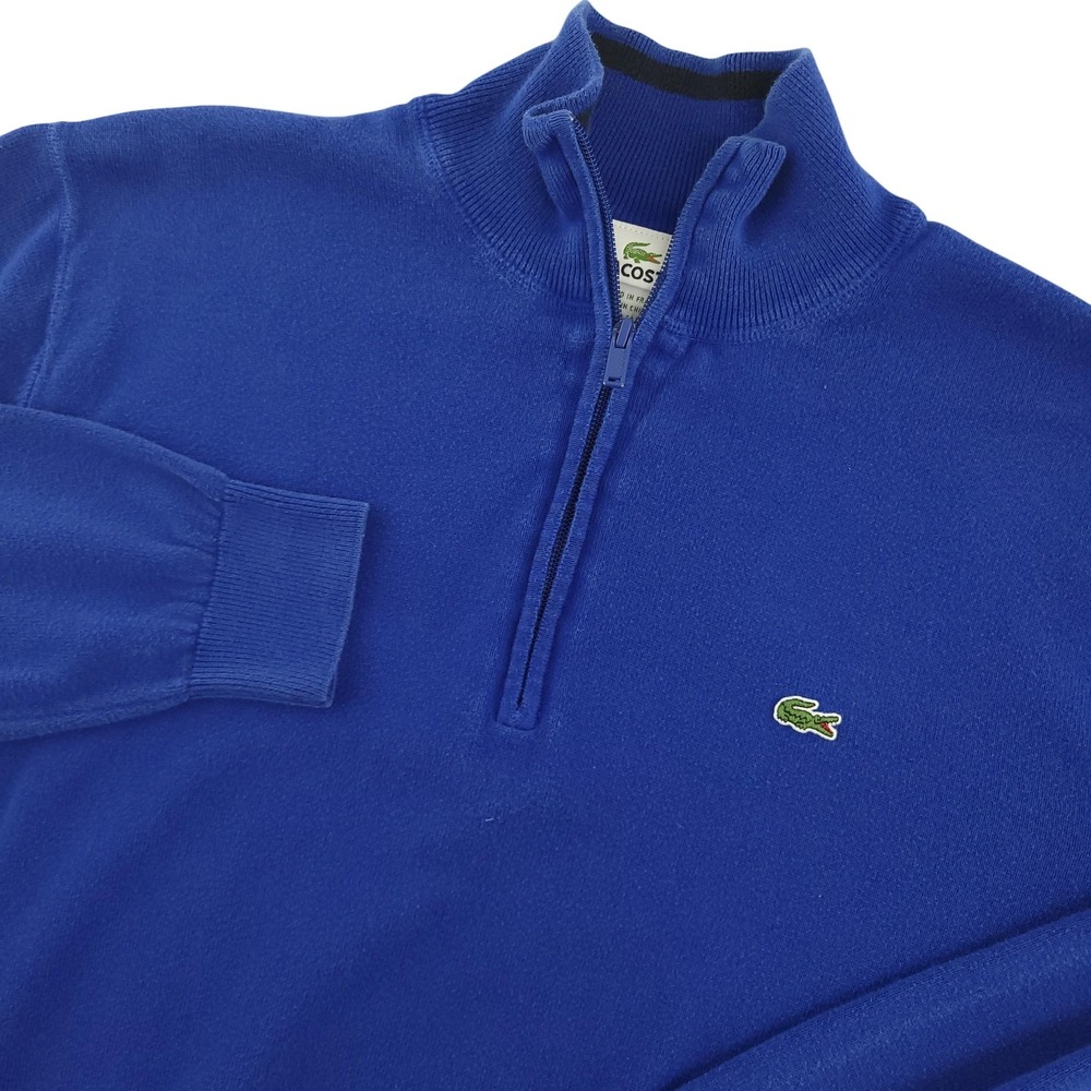 Lacoste Sweater Mens XL Blue 100% Cotton 1/4 Zip Mock Neck Knit Pullover